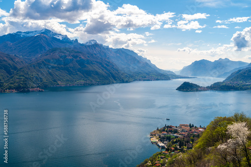 A view of Lake Como  photographed from San Rocco  with Bellagio  the mountains and the two branches of the lake. 