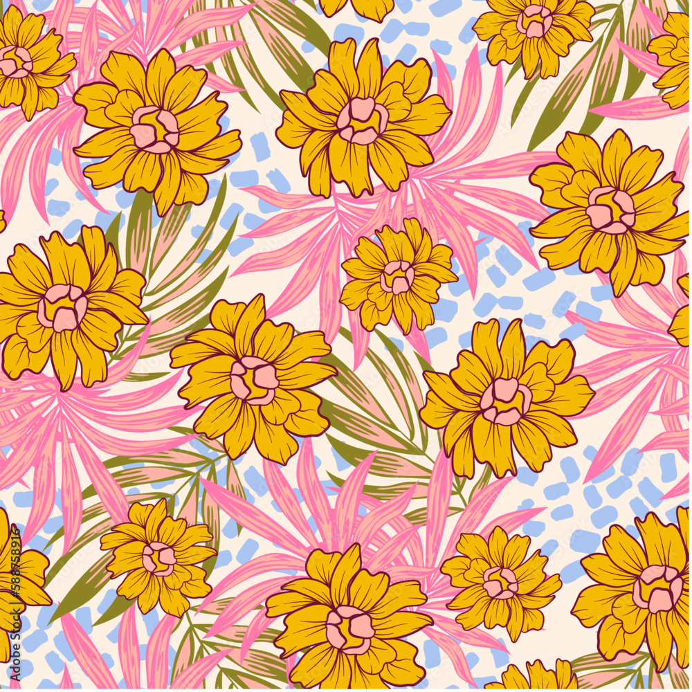 Abstract seamless tropical pattern with bright plants and flowers on a pastel background. Tropic leaves in bright colors. Summer colorful hawaiian seamless pattern with tropical plants. Abstract seamless tropical pattern with bright plants and flowers on a pastel background. Tropic leaves in bright colors. Summer colorful hawaiian seamless pattern with tropical plants.