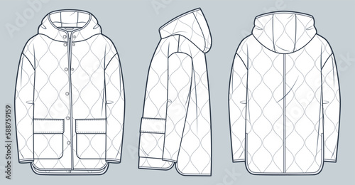 Hooded Jacket technical fashion Illustration. Quilted padded Down Jacket fashion technical drawing template, button-down, pocket, front, side and back view, white, women, men, unisex CAD mockup set.