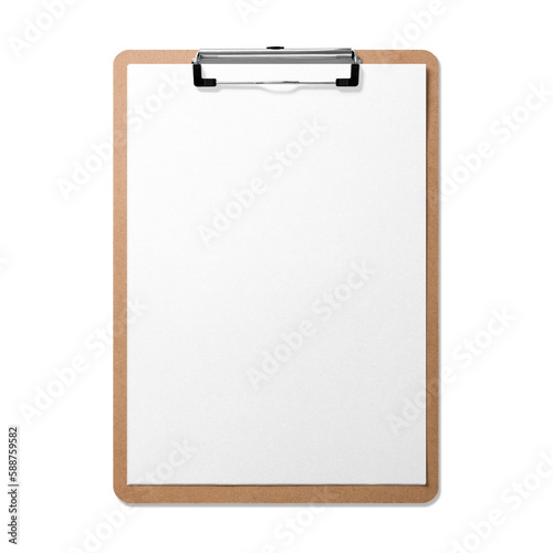Real photo of a wooden clipboard with blank A4 paper mockup, isolated on a transparent background, PNG. High resolution.