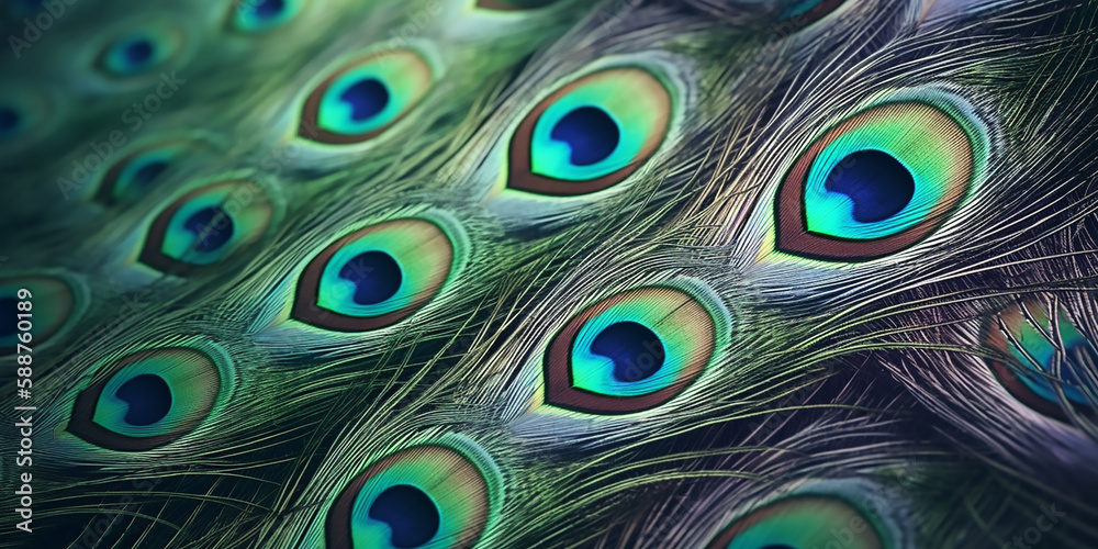 Obraz premium Detailed close-up of vibrant peacock feathers, highlighting the intricate design and iridescent hues of the iconic eye spots.