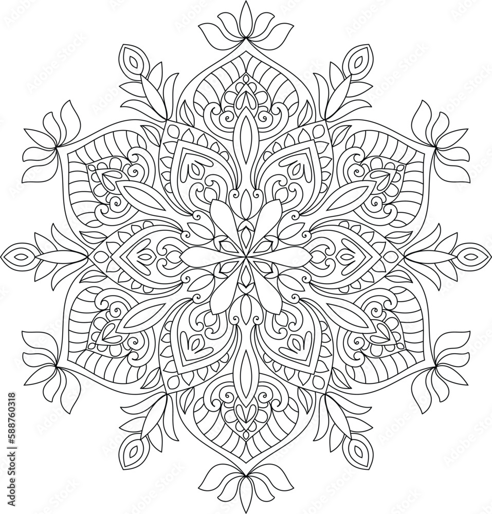Decorative rounded detailed mandala design coloring book page illustration