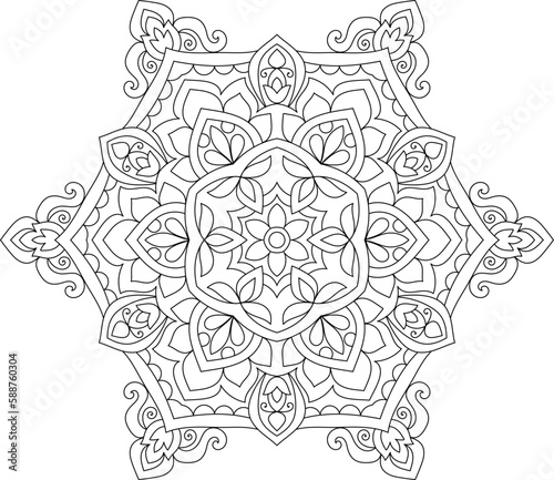 Decorative rounded detailed mandala design coloring book page illustration