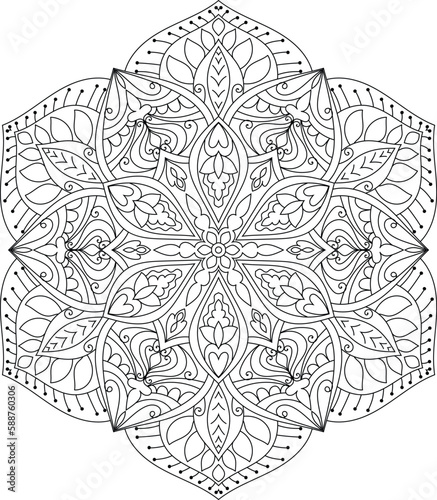 Decorative rounded detailed mandala design coloring book page illustration