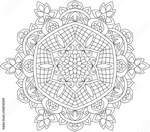 Decorative rounded detailed mandala design coloring book page illustration