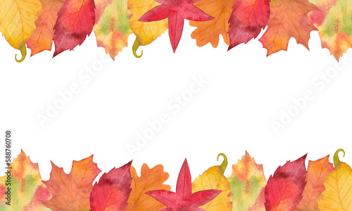 Watercolor Autumn Fall border. Leaf frame. Botanical illustration. October print. Design for tile, backgrounds, fabric, greeting cards, invitations. Autumn leafs. Nature print.