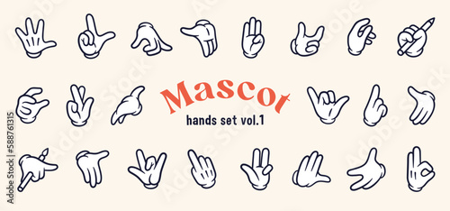 Mascot hand collection volume one. Vector set of twenty two different vintage elements. Cartoon hands of old 1920 to 1950 design style. Creator for vector mascot characters of vintage poster
