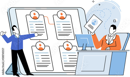 HR Human Resources department work. HR manager looking for new job candidate and reviews questionnaires, resumes of people. Recruitment, headhunting and employment, search for new employee in team