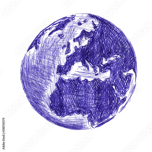 Abstract planet look like earth. Hand made sketch with ballpoint pen on paper texture. Isolated on white. Bitmap