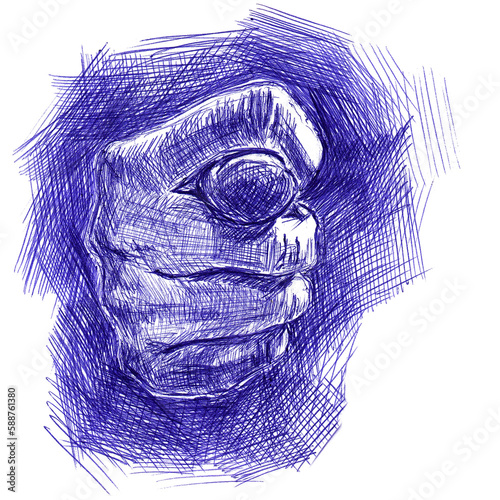 An indecent gesture mean denial.. Hand made sketch with ballpoint pen on paper texture. Isolated on white. Bitmap photo