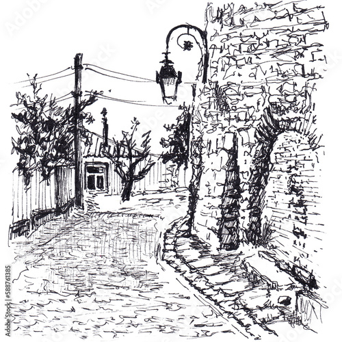 Street in small europeand old town with wall and lantern on it. Hand drawn sketch with ballpoint pen on paper texture. Isolated on white. Bitmap photo