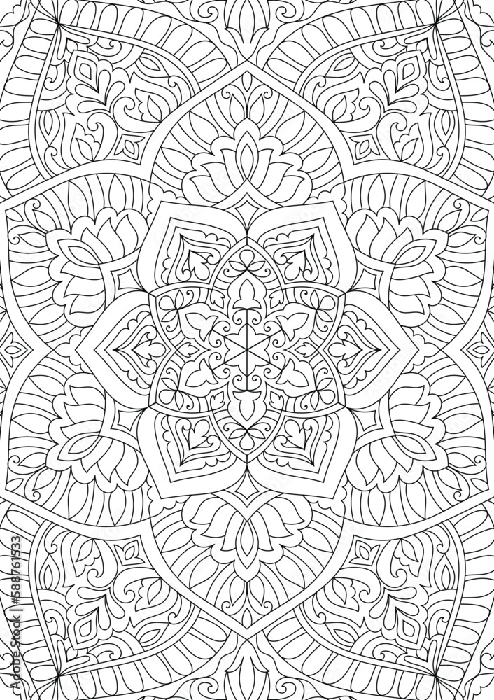 Decorative rounded detailed mandala coloring page illustration