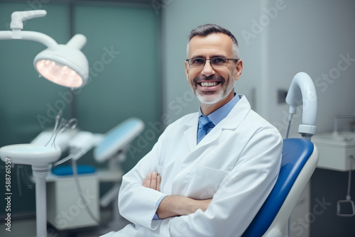 portrait of dentist at work in dental clinic, ai generative