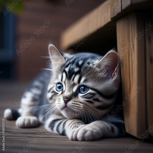 Sad kitten lying on wooden ...