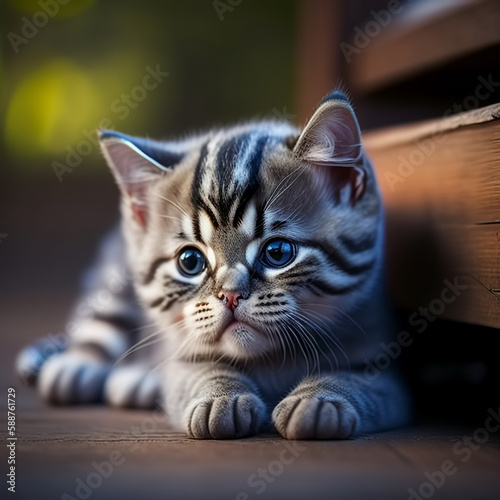Sad kitten lying on wooden ...