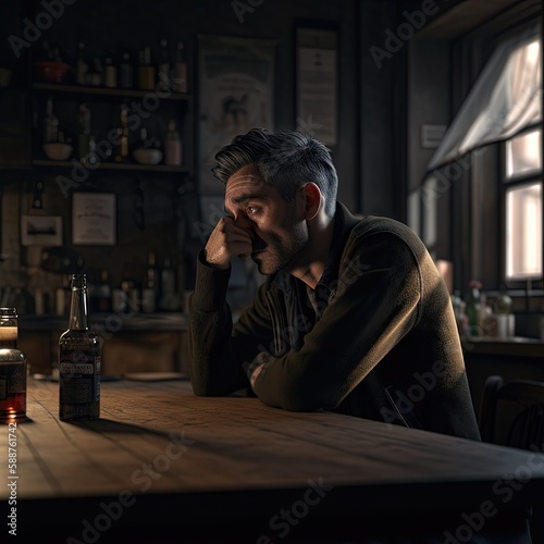 a man sitting drinking a bottle of alcohol in dark kitchen © Fotostockerspb