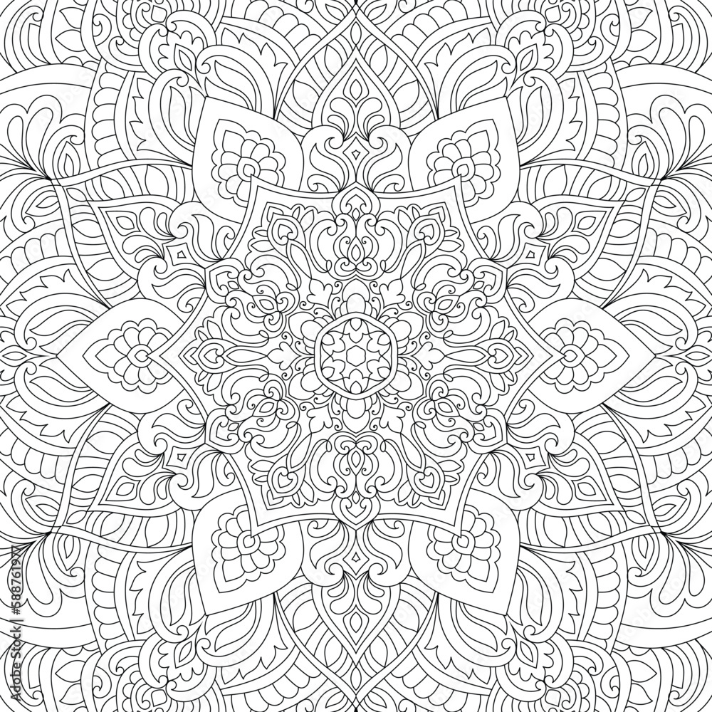 Decorative rounded detailed mandala coloring page illustration