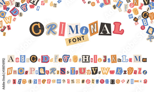 Criminal vector alphabet in trendy style. Collage color letters, numbers and punctuation marks cut from newspapers and magazines. Criminal, anonymous or detective font. Vintage elements for your