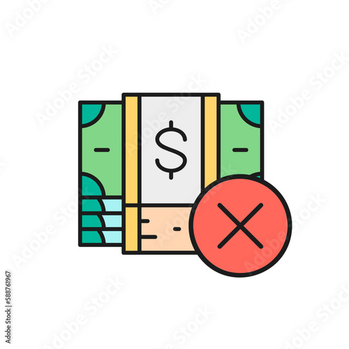 Money banknotes with cross mark, credit rejected, incorrect color lineal icon. Cash payment, paper bill, dollar symbol design.