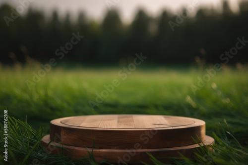 3D Wooden Round Podium For Product With Nature Background Generative AI