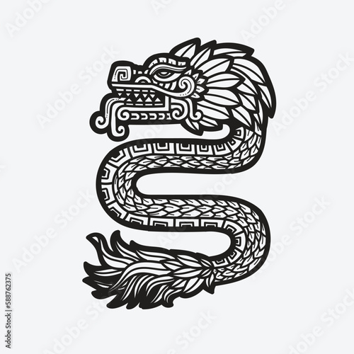 hand drawn aztec dragon quetzalcoatl mexican god