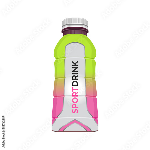 Sports drink, kiwi strawberry flavor, in green pink white color bottle packaging, realistic vector illustration in trendy flat 3d design style. Popular world sport drink. Editable graphic resources.