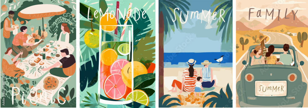 Family, summer, picnic, lemonade. Vector illustrations of traveling by ...