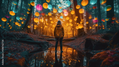 Obraz na plátně Woman standing in surreal forest watching glowing orbs flying in the sky
