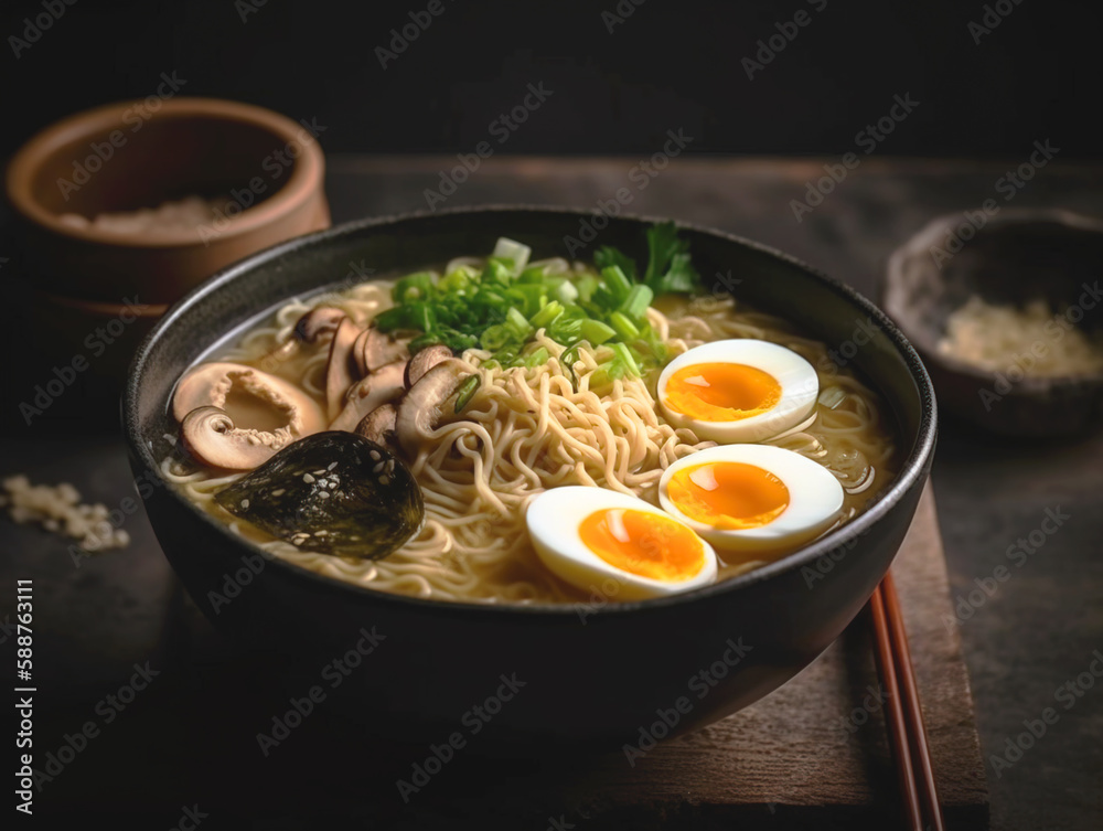 Ramen soup with noodles, leek, shiitake mushroom, nori, soft egg and chashu pork on a dark background. Ramen soup with noodles, leek, shiitake mushroom, nori, soft egg and chashu pork on a dark background.