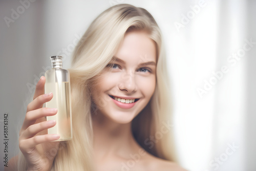 girl with blond long hair holding shampoo bottle, hair care product, ai generative
