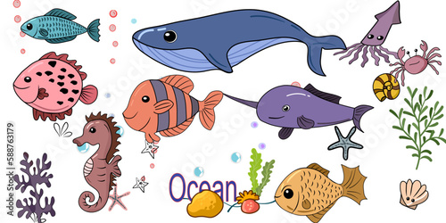 doodle style hand drawn, Fish and wild marine animals in ocean. Sea world dwellers, cute underwater creatures, coral reef inhabitants in their natural habitat, undersea fauna of tropics. Flat cartoon 