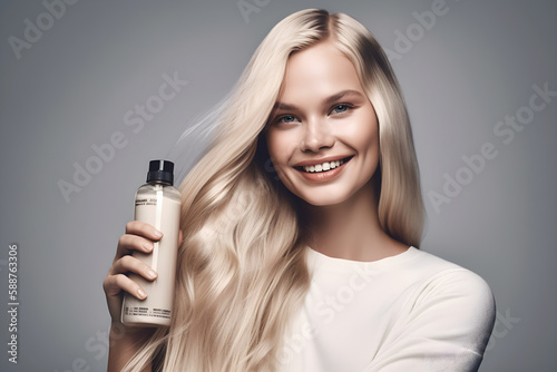 girl with blond long hair holding shampoo bottle, hair care product, ai generative