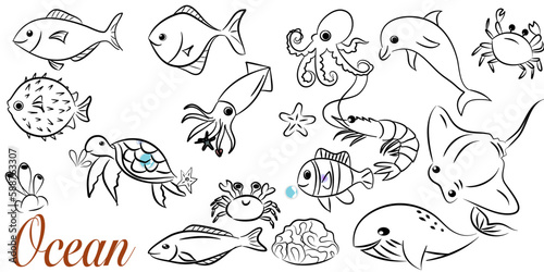 doodle style hand drawn, Fish and wild marine animals in ocean. Sea world dwellers, cute underwater creatures, coral reef inhabitants in their natural habitat, undersea fauna of tropics. Flat cartoon 