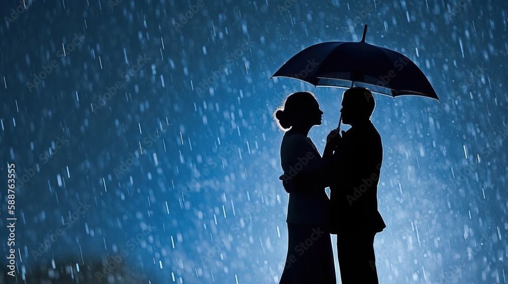 Silhouette couple in the rain. Love in the rain. Generative AI.