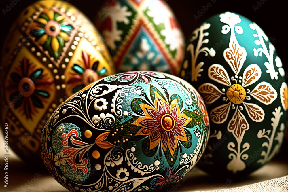 Decorative easter eggs with ornament. Generative AI