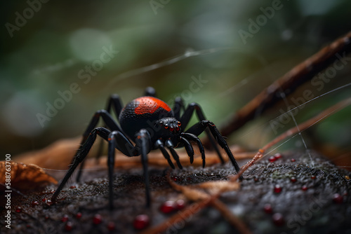 Redback spider A deadly arachnid. Generative AI © PIRMYN