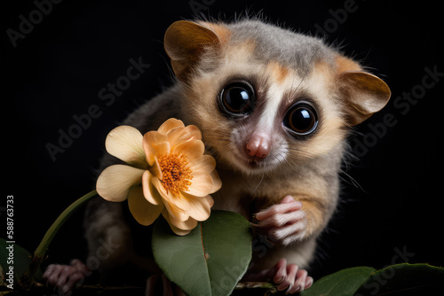 Slow Loris monkey holds one flower and smiles. Happiness, summer, love of nature. Black bakground. Little funny baby loris sniffs spring flowers. Generative AI. © SnowElf