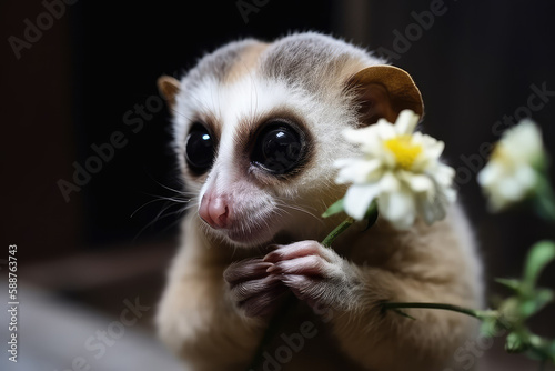 Slow Loris monkey holds a daisy flower and smiles. Happiness, summer, love of nature. Little funny baby holding spring flowers. Generative AI. © SnowElf