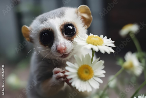 Grey Slow Loris monkey holds a daisy flower and smiles. Sunny day, happiness, summer, love of nature. Little funny baby loris sniffs spring flowers. Generative AI. © SnowElf
