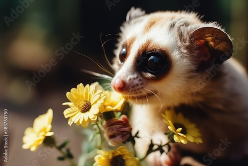 Slow Loris monkey holds a daisy flower and smiles. Sunny day, happiness, funny animal, love of nature. Little funny baby loris sniffs spring flowers. Generative AI. © SnowElf