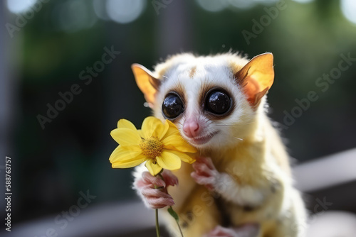 Slow Loris monkey holds a yellow daisy flower and smiles. Sunny day, happiness, summer, love of nature. Little funny baby loris sniffs spring flowers. Generative AI.