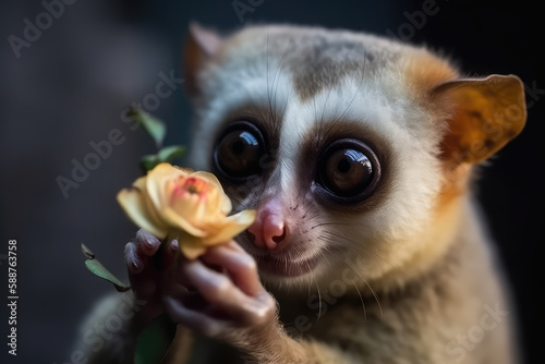 Slow Loris monkey holds rose flower and smiles. Sunny day, happiness, summer, love of nature. Little funny baby loris sniffs spring flowers. Generative AI. © SnowElf