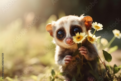 Slow Loris monkey holds a daisy flower and smiles. Sunny day, happiness, summer, love of nature. Little funny baby loris sniffs spring flowers. Generative AI. Copy space © SnowElf