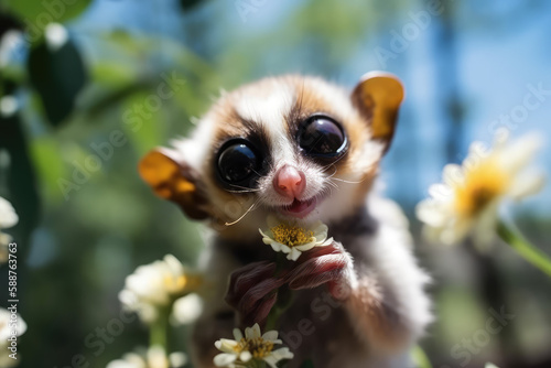 Slow Loris monkey holds a daisy flower and smiles. Sunny day, happiness, summer, love of nature. Little funny baby loris sniffs spring flowers. Generative AI. Creative Happiness wallpaper © SnowElf