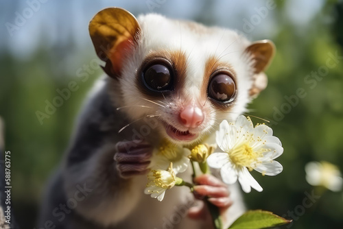 Slow Loris monkey holds a white flower and smiles. Sunny day, happiness, summer, love of nature. Little funny baby loris sniffs spring flowers. Generative AI. © SnowElf