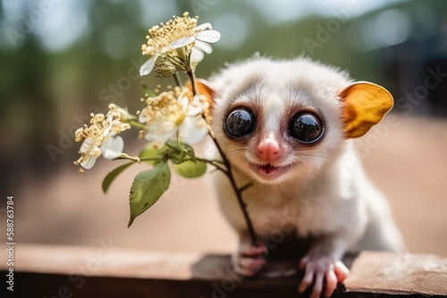 Slow Loris monkey holds little flower and smiles. Sunny day, happiness, summer, love of nature. Little funny baby loris sniffs spring flowers. Generative AI. © SnowElf