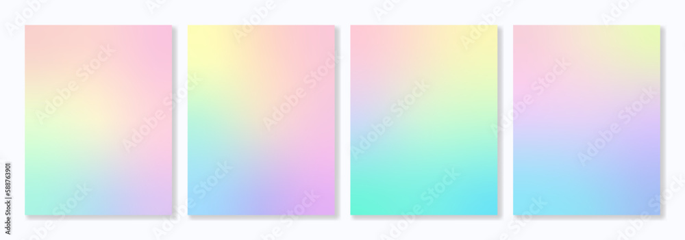 Set of 4 gradient backgrounds with holographic effect. For covers, wallpapers, posters, branding, social media and other projects. Vector, can be used for web and print.
