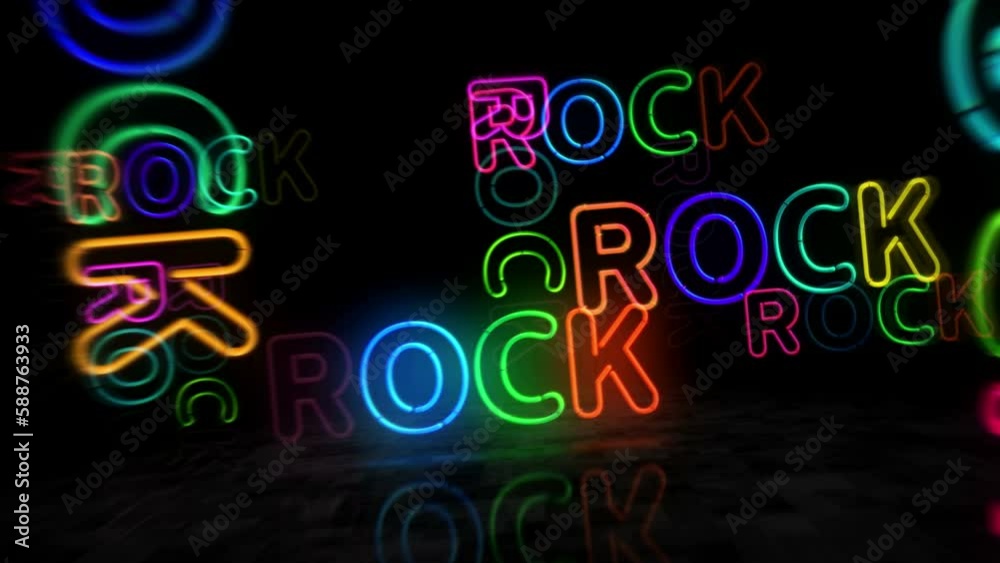 Rock neon symbol. Light color bulbs. Entertainment music event  abstract seamless and loopable concept. 3d flying through the tunnel animation.
