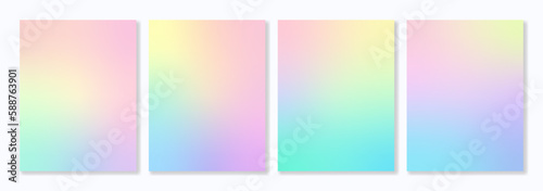 Set of 4 gradient backgrounds with holographic effect. For covers, wallpapers, posters, branding, social media and other projects. Vector, can be used for web and print.