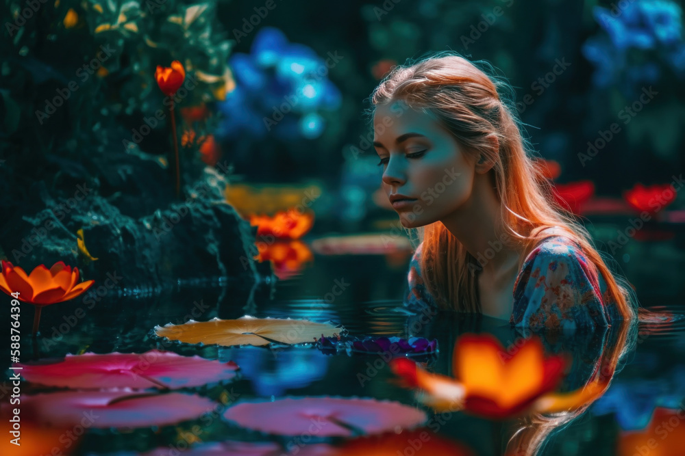Woman in a lake with colourful water lilly pad flowers. Generative Ai. Woman in a lake with colourful water lilly pad flowers. Generative Ai.